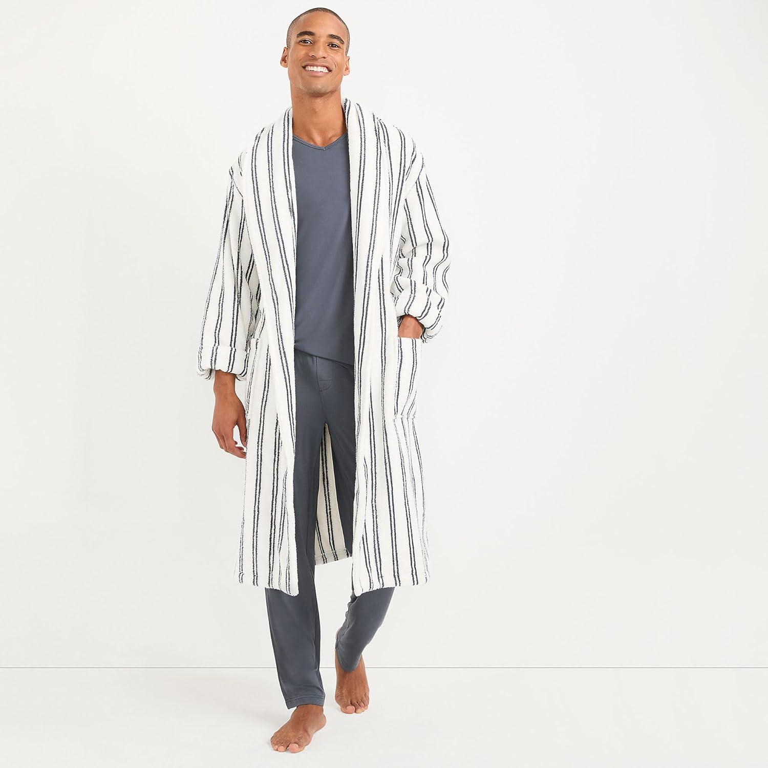 imageLands End Mens FullLength Turkish Cotton Terry Bathrobe 55quot Length Plush Absorbent 2 Pockets Spa ComfortEgret White Double Stripes