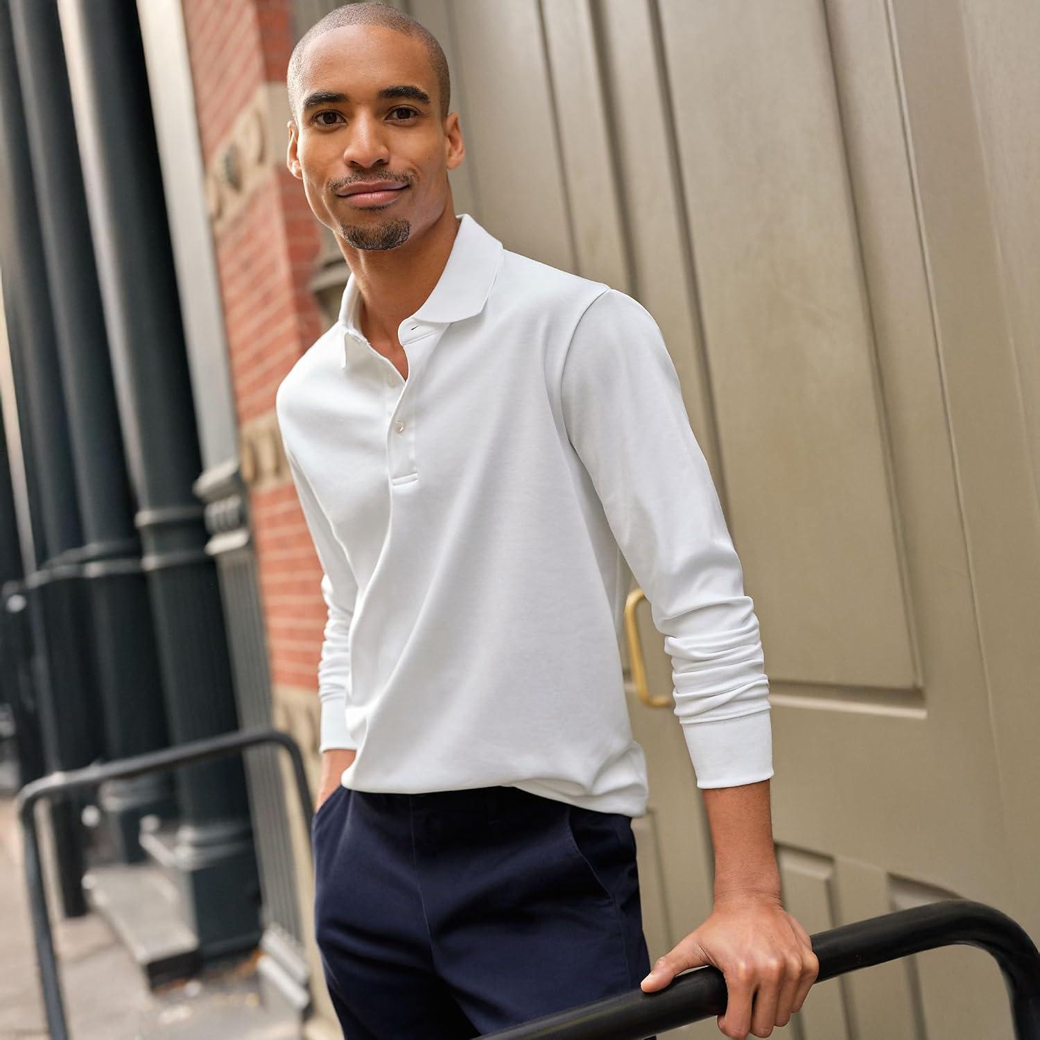 imageLands End Mens Long Sleeve AmericanGrown Supima Cotton Polo ShirtWhite