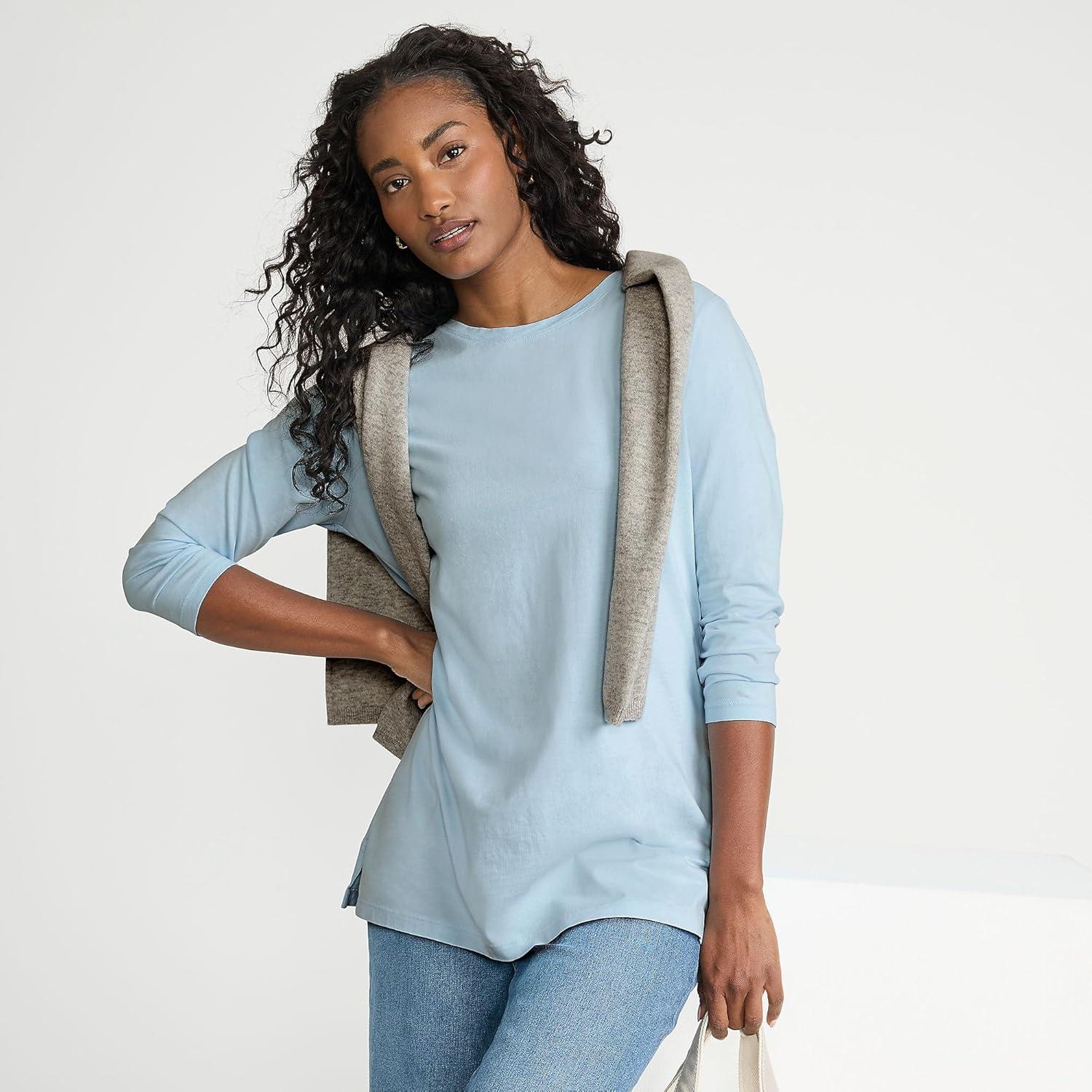 imageLands End Womens 34 Sleeve Supima Cotton Crewneck TunicLight Blue Sky