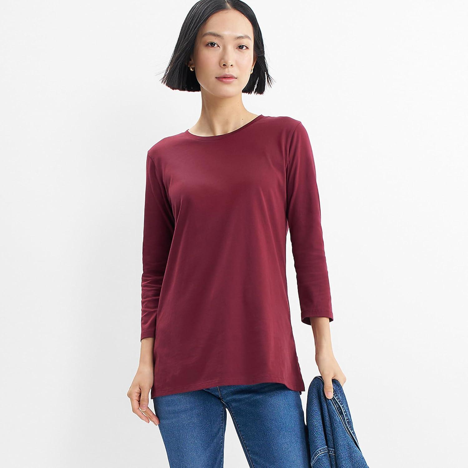 imageLands End Womens 34 Sleeve Supima Cotton Crewneck TunicRich Burgundy