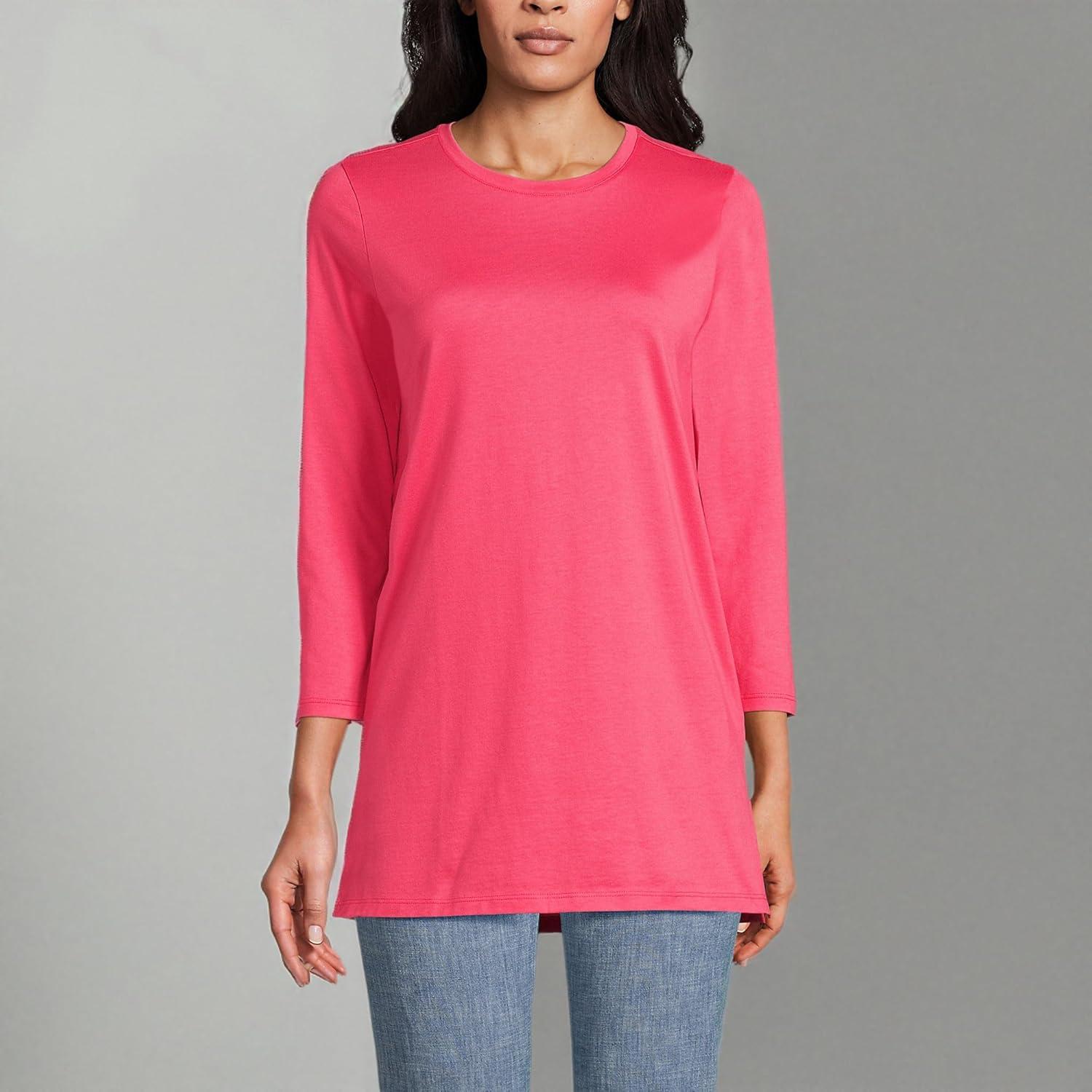 imageLands End Womens 34 Sleeve Supima Cotton Crewneck TunicRouge Pink