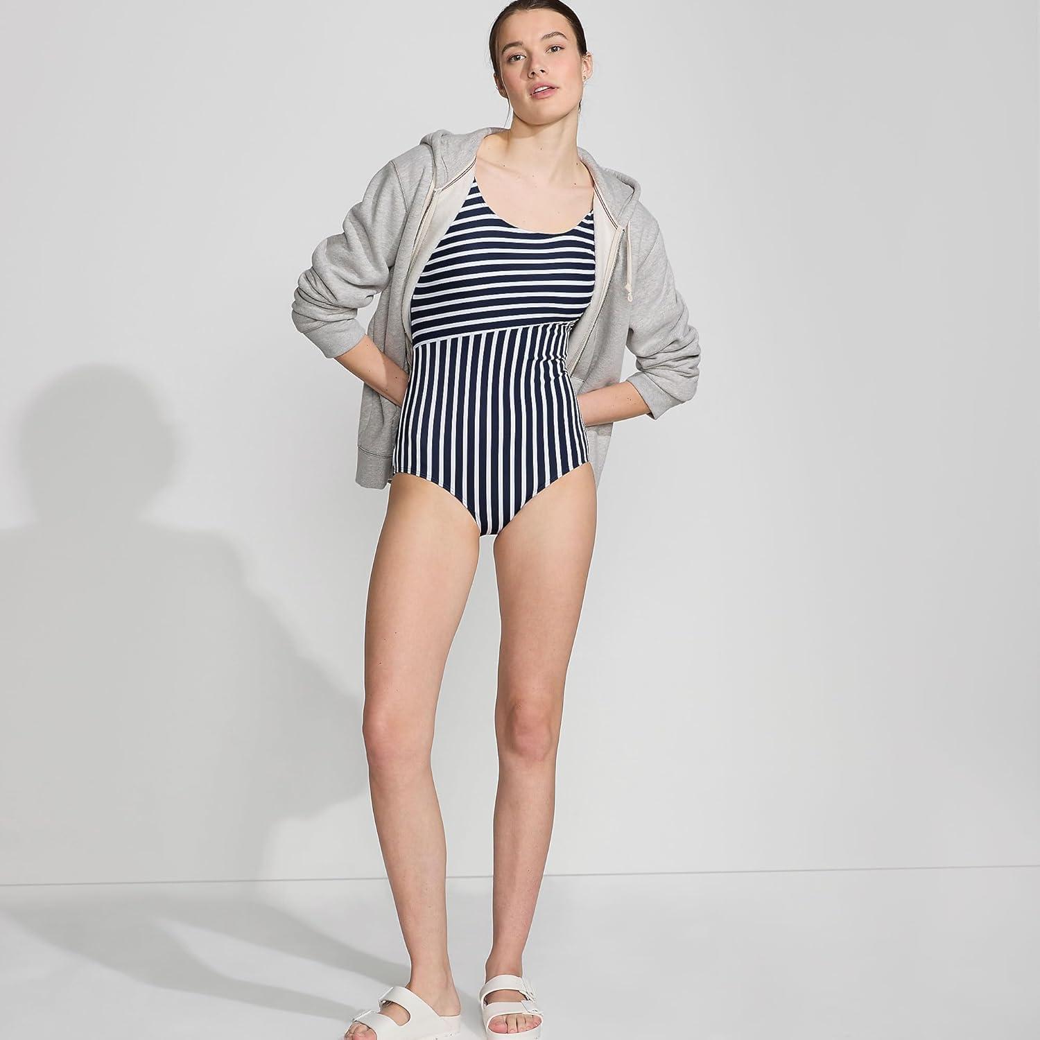 imageLands End Womens Chlorine Resistant Soft Cup Tugless Sporty One Piece SwimsuitDeep SeaWhite Media Stripe