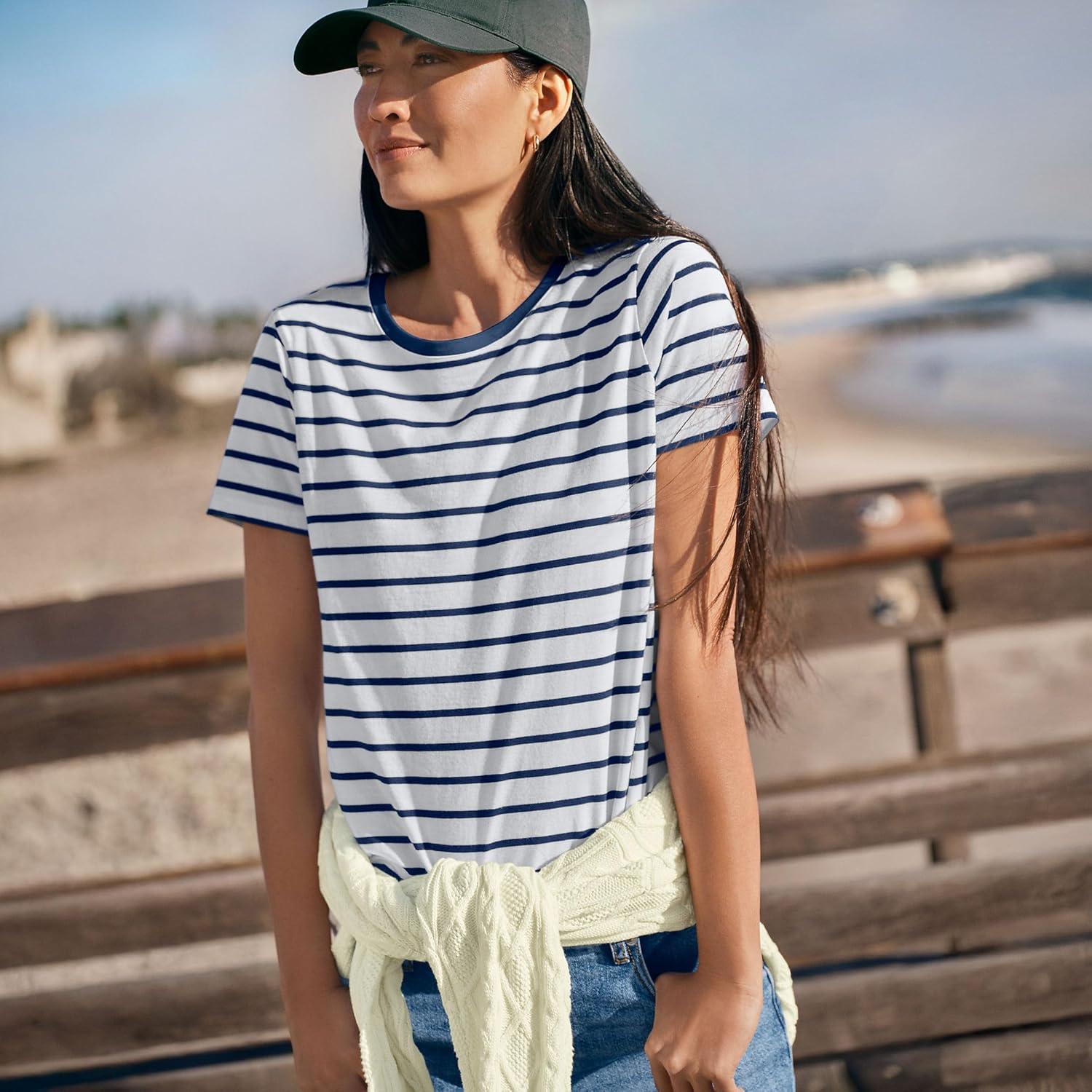 imageLands End Womens Relaxed AmericanGrown Supima Cotton Crew Neck TShirtNavyWhite Breton Stripe