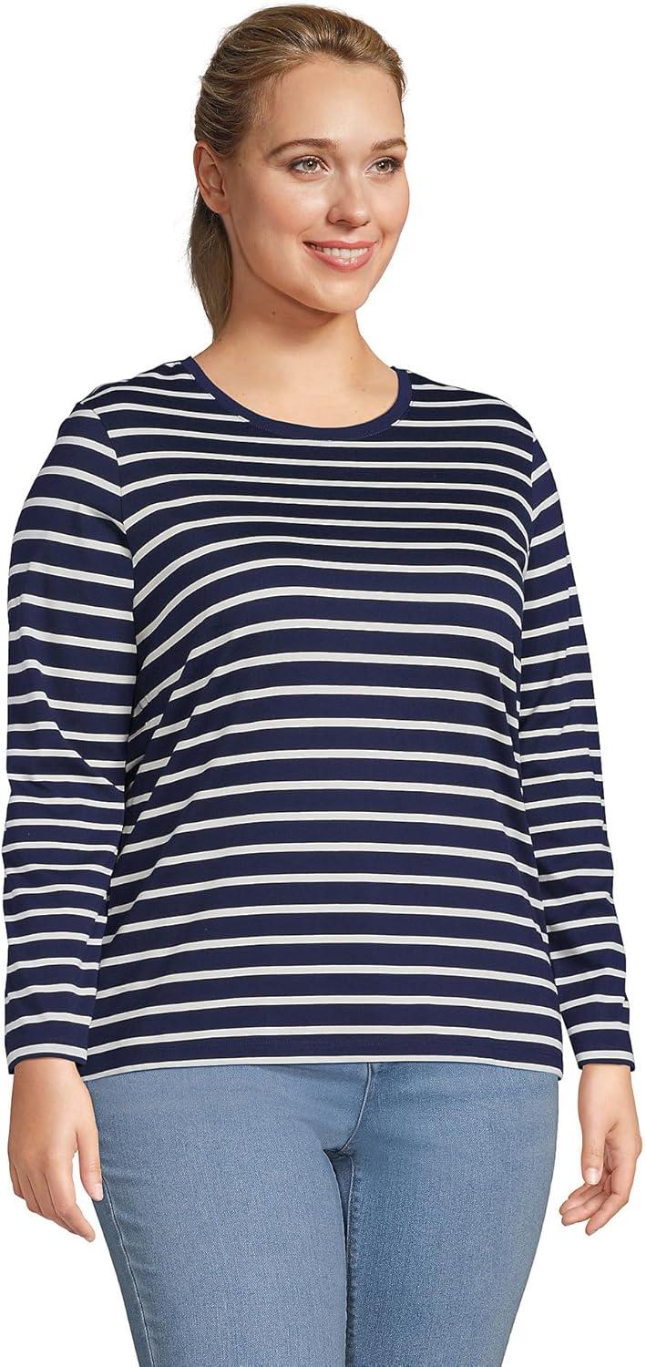 imageLands End Womens Relaxed AmericanGrown Supima Cotton Long Sleeve Crew Neck TShirtDeep Sea Navy Breton Stripe