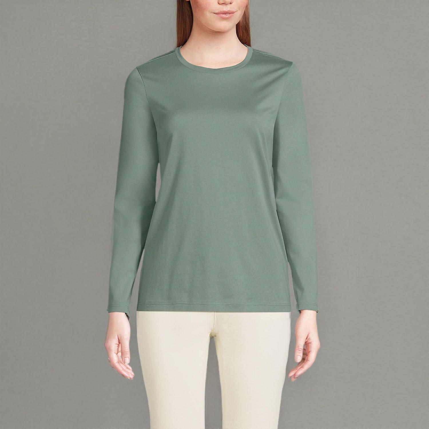 imageLands End Womens Relaxed AmericanGrown Supima Cotton Long Sleeve Crew Neck TShirtLily Pad Green