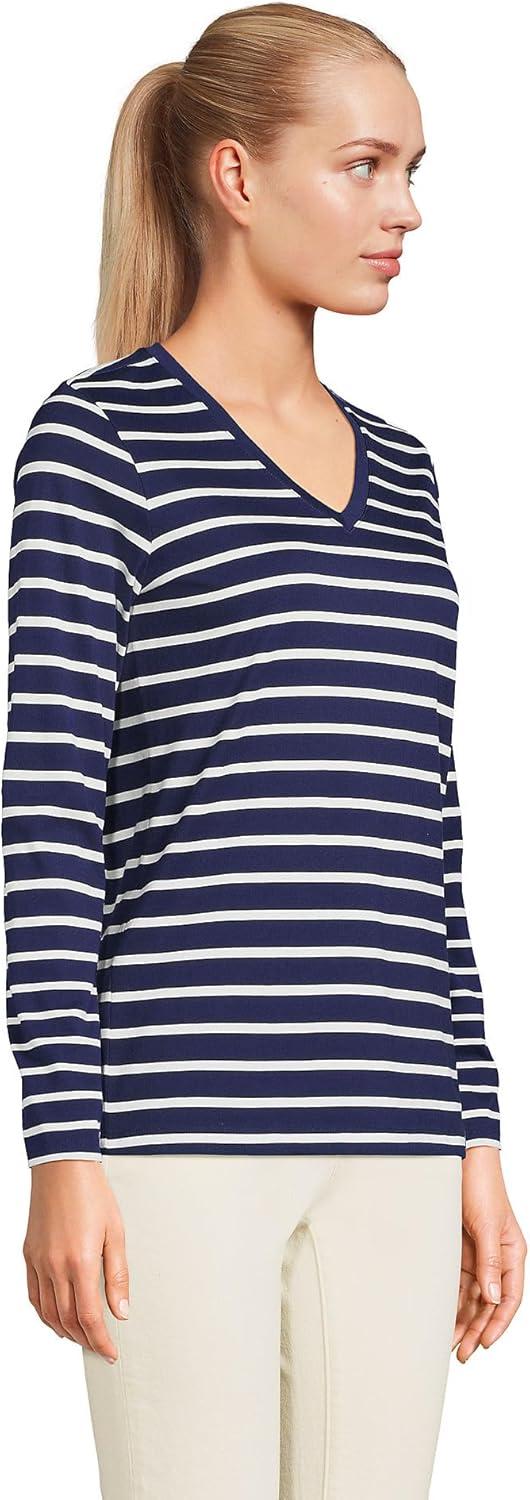 imageLands End Womens Relaxed AmericanGrown Supima Cotton Long Sleeve VNeck TShirtDeep Sea Navy Breton Stripe