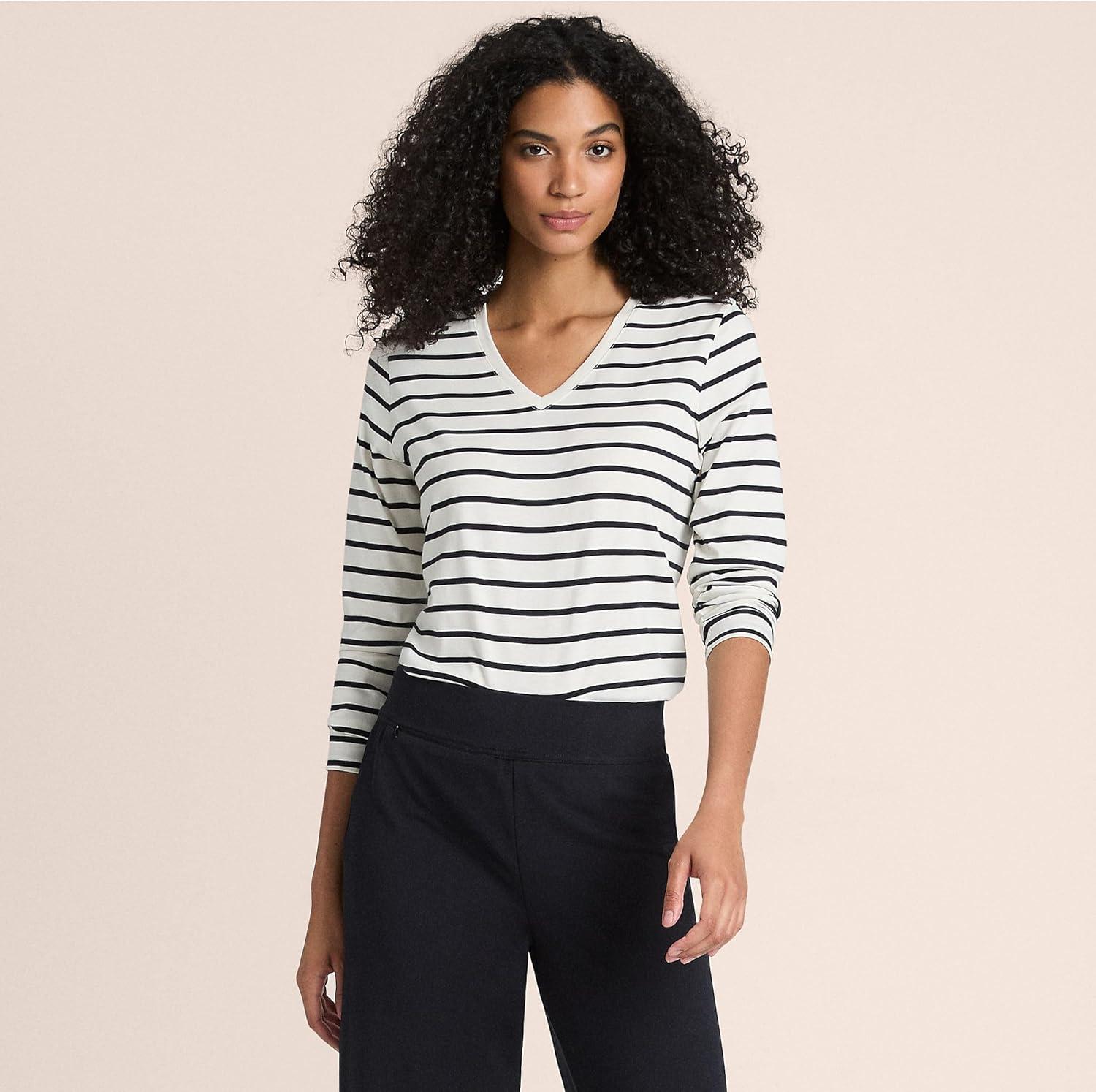 imageLands End Womens Relaxed AmericanGrown Supima Cotton Long Sleeve VNeck TShirtIvoryBlack Breton Stripe
