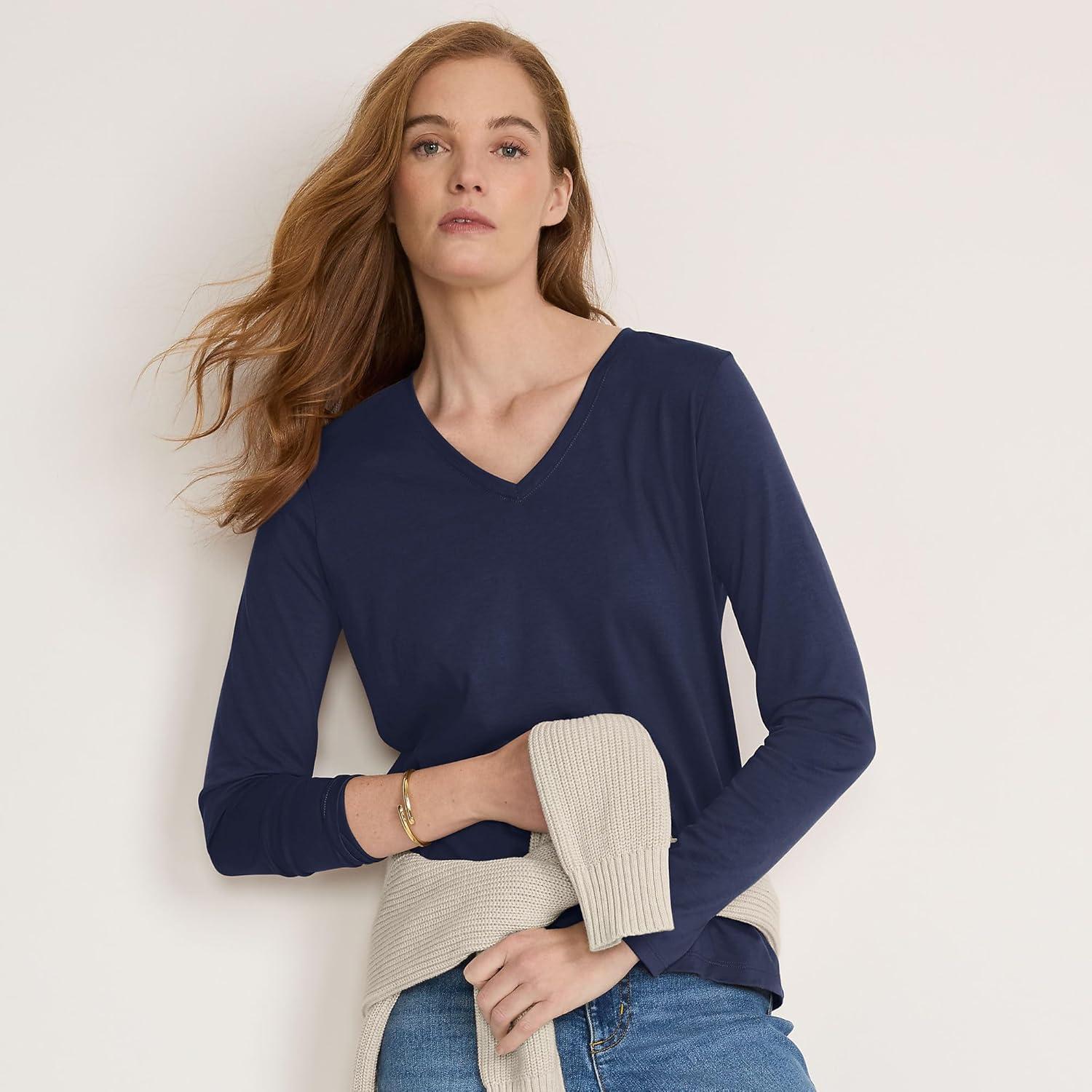 imageLands End Womens Relaxed AmericanGrown Supima Cotton Long Sleeve VNeck TShirtRadiant Navy