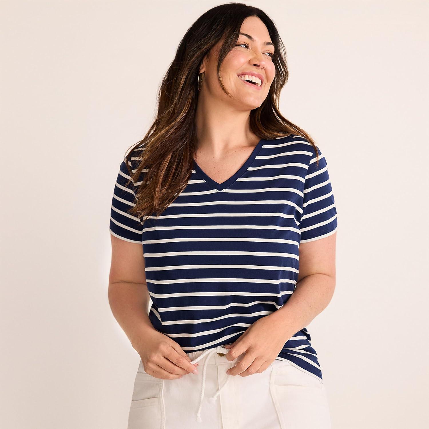 imageLands End Womens Relaxed AmericanGrown Supima Cotton VNeck TShirtDeep Sea Navy Breton Stripe