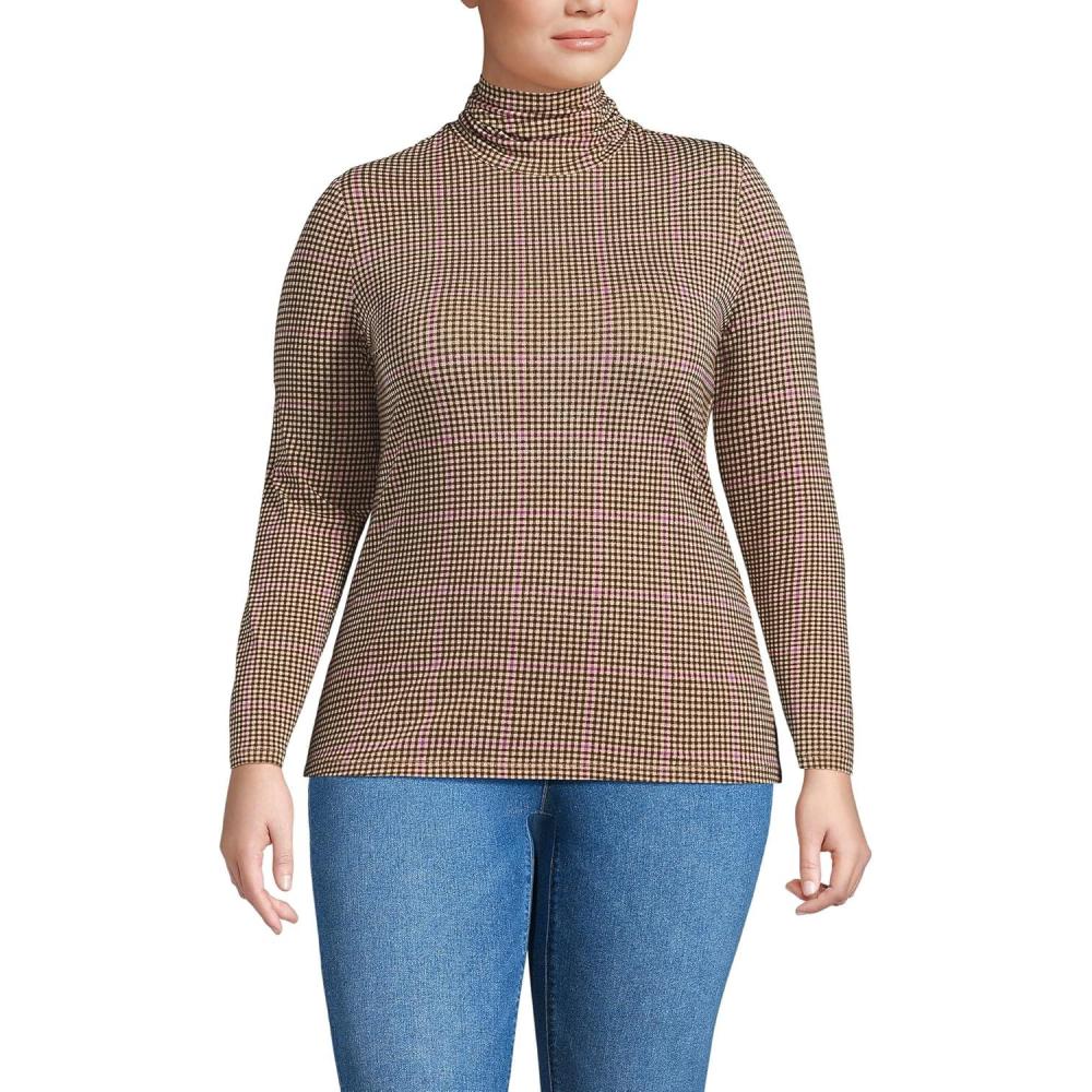 imageLands End Lightweight Jersey Long Sleeve TurtleneckChampagneBrown Plaid