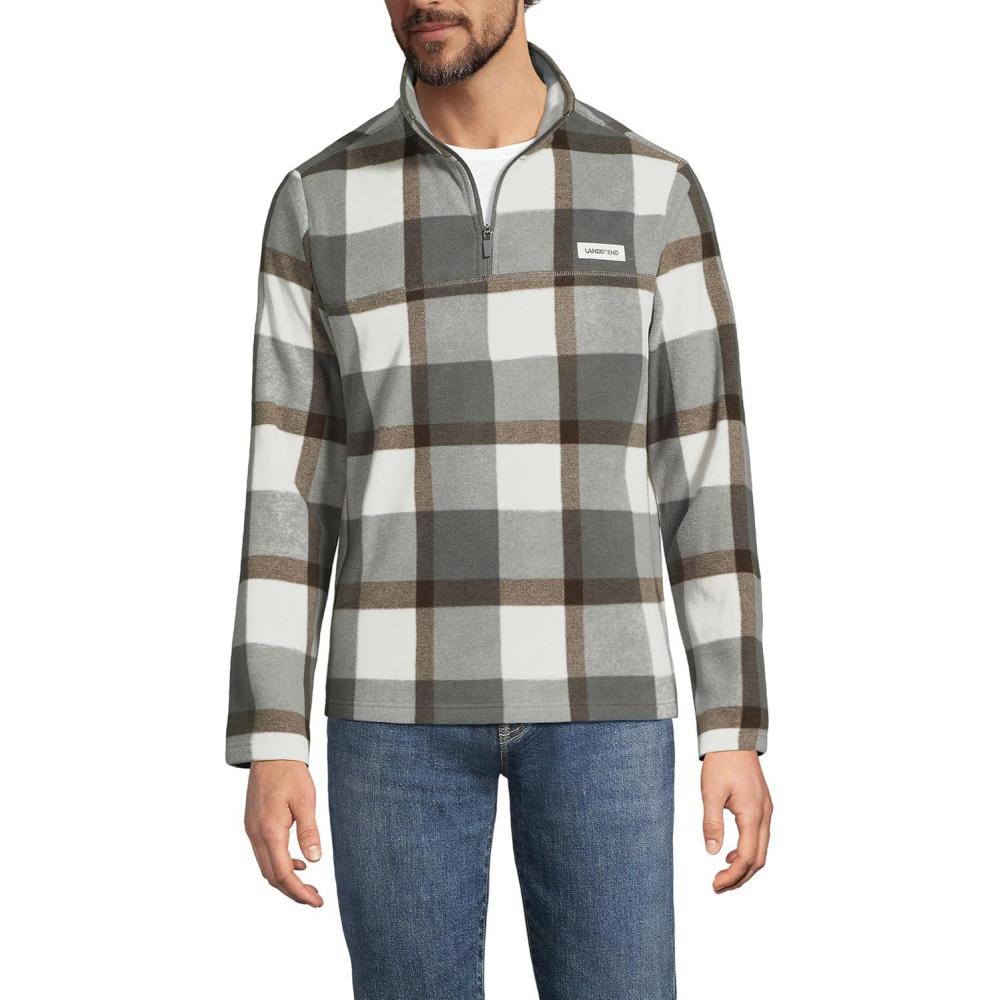 imageLands End Mens Anyweather Fleece Quarter Zip PulloverBoulder Gray Glen Plaid