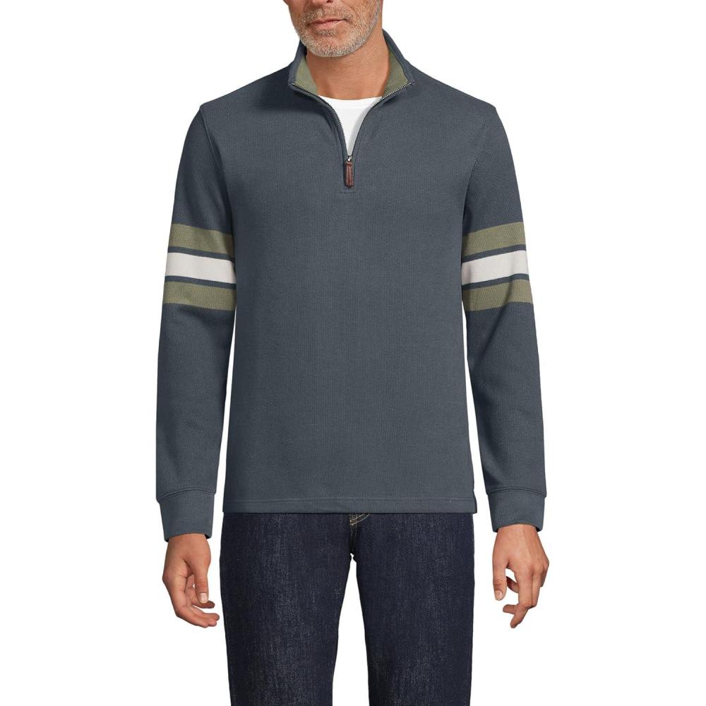 imageLands End Mens Bedford Rib Casual Quarter Zip SweaterSteel Gray Placed Stripe
