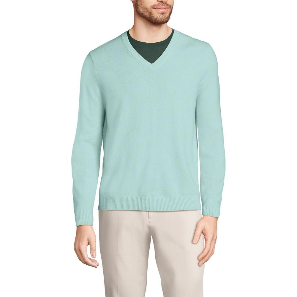 imageLands End Mens Fine Gauge Cashmere VNeck SweaterAqua Breeze