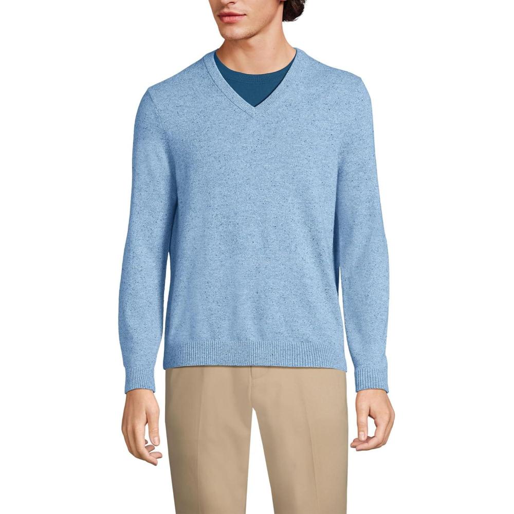 imageLands End Mens Fine Gauge Cashmere VNeck SweaterCloudy Blue Heather Donegal