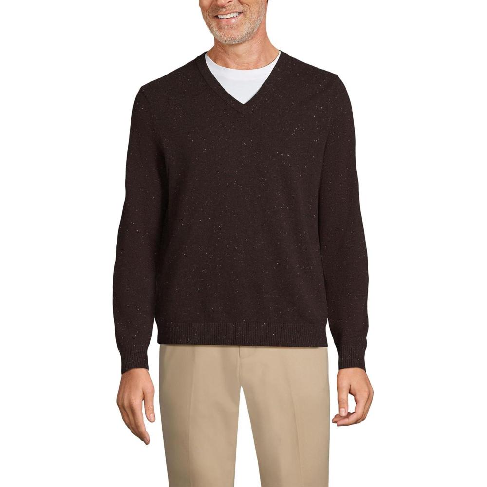 imageLands End Mens Fine Gauge Cashmere VNeck SweaterWarm Chocolate Donegal