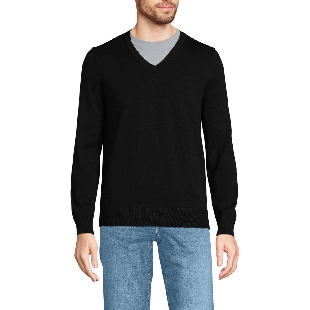 imageLands End Mens Fine Gauge Cotton V Neck SweaterBlack