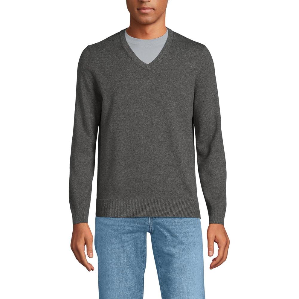 imageLands End Mens Fine Gauge Cotton V Neck SweaterCharcoal Heather
