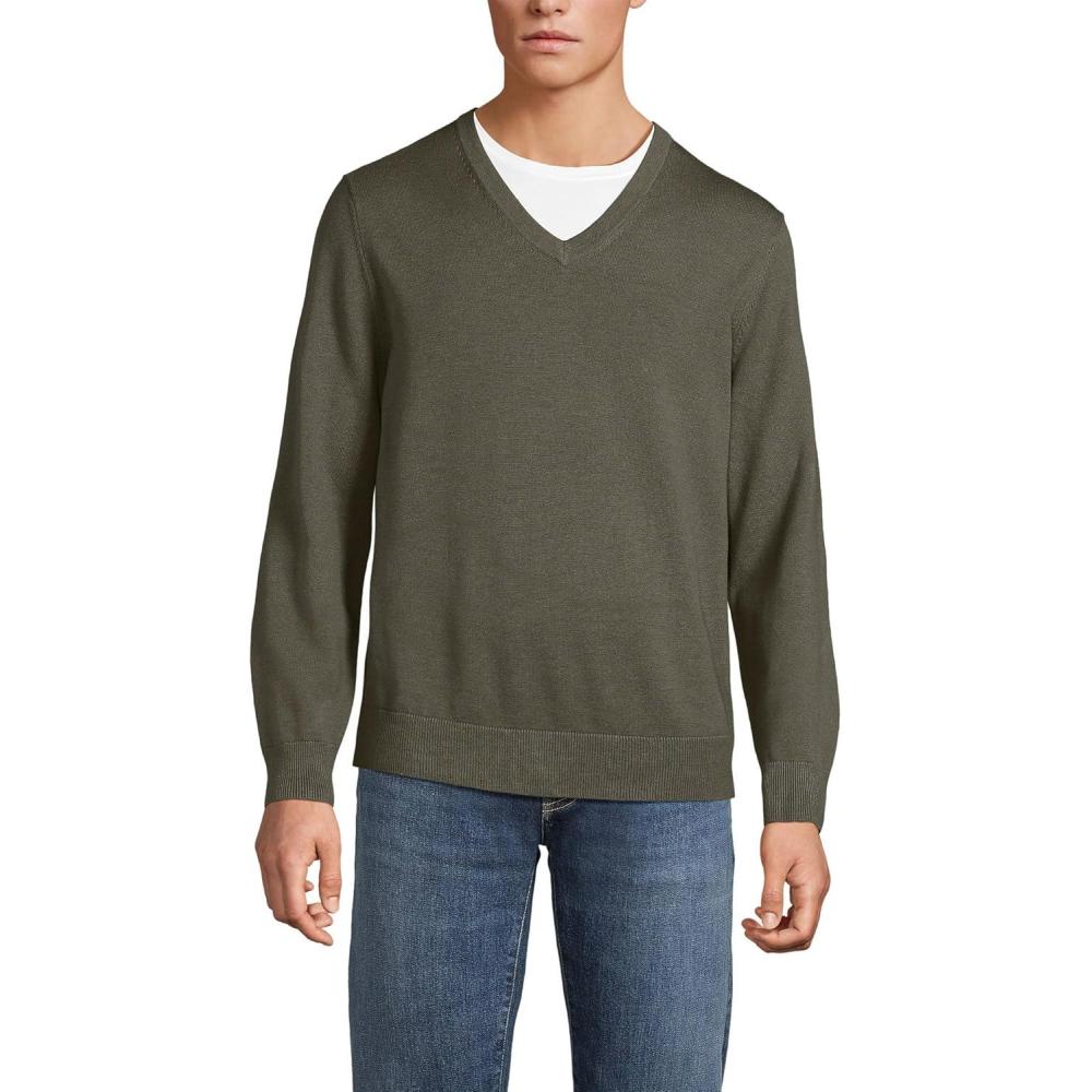 imageLands End Mens Fine Gauge Cotton V Neck SweaterForest Moss