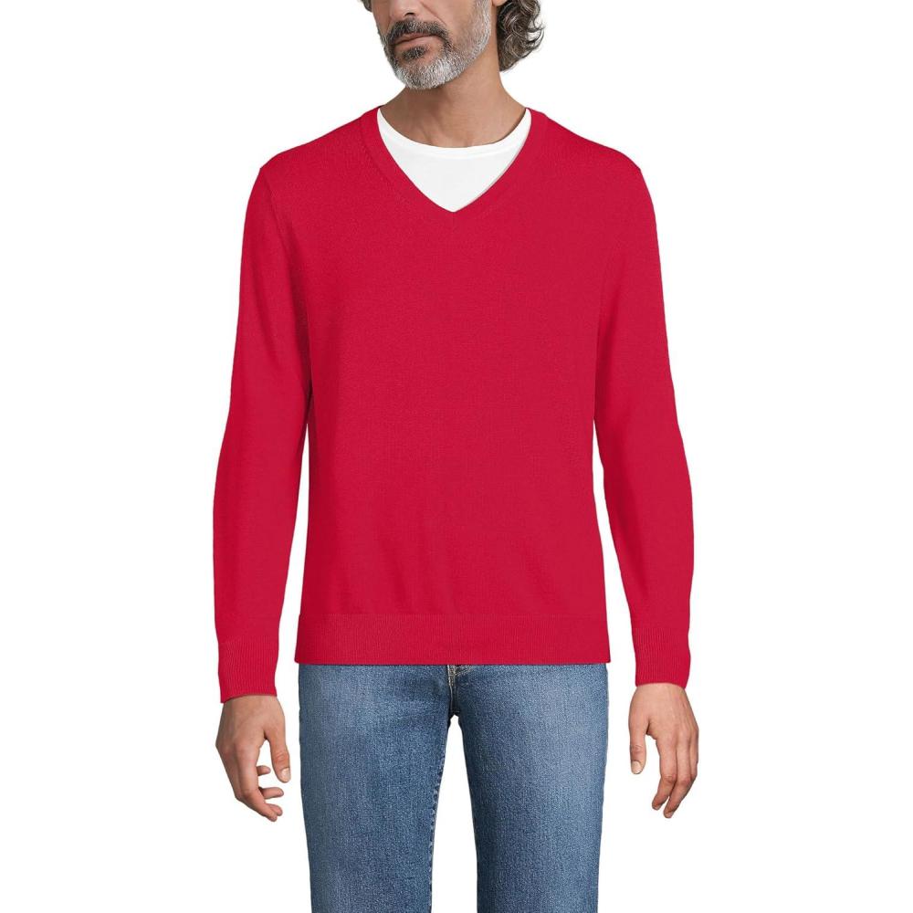 imageLands End Mens Fine Gauge Cotton V Neck SweaterVibrant Red