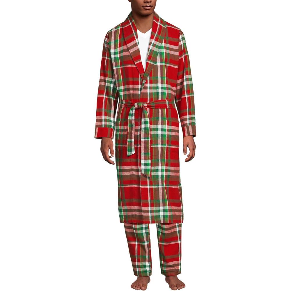 imageLands End Mens Flannel Sleepwear RobeCompass RedEmerald Plaid