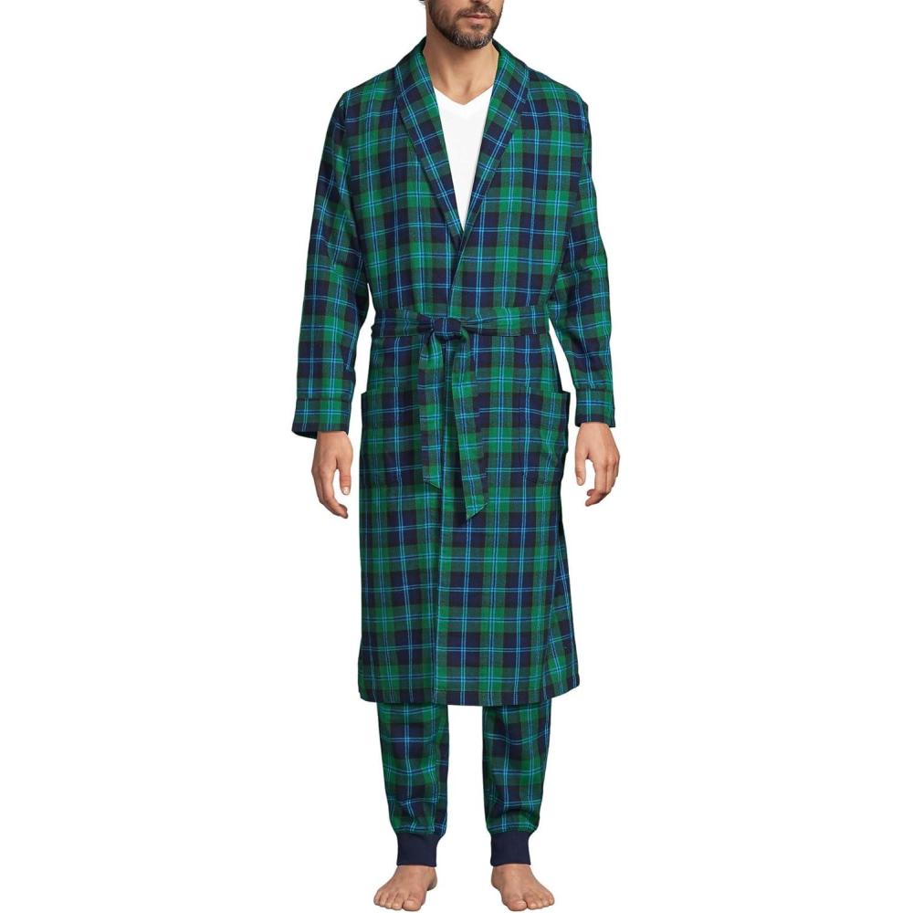 imageLands End Mens Flannel Sleepwear RobeLight Emerald Blackwatch