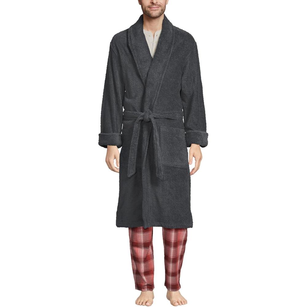 imageLands End Mens FullLength Turkish Cotton Terry Bathrobe  55quot Length  Plush Absorbent 2 Pockets Spa ComfortCharcoal