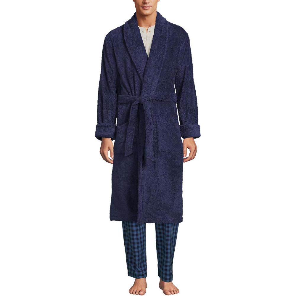 imageLands End Mens FullLength Turkish Cotton Terry Bathrobe  55quot Length  Plush Absorbent 2 Pockets Spa ComfortDeep Sea Navy