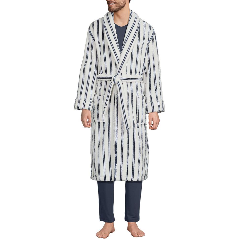 imageLands End Mens FullLength Turkish Cotton Terry Bathrobe 55quot Length Plush Absorbent 2 Pockets Spa ComfortEgret White Double Stripes