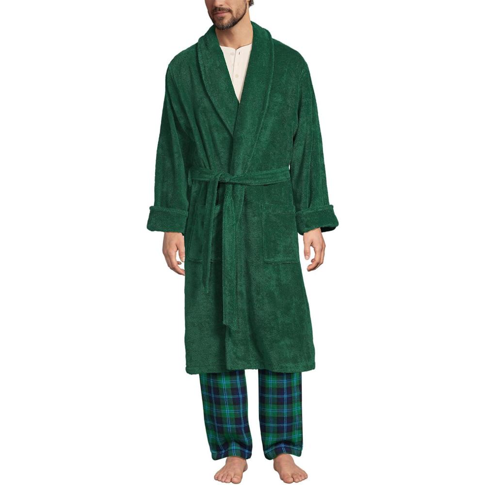 imageLands End Mens FullLength Turkish Cotton Terry Bathrobe  55quot Length  Plush Absorbent 2 Pockets Spa ComfortLight Emeralds