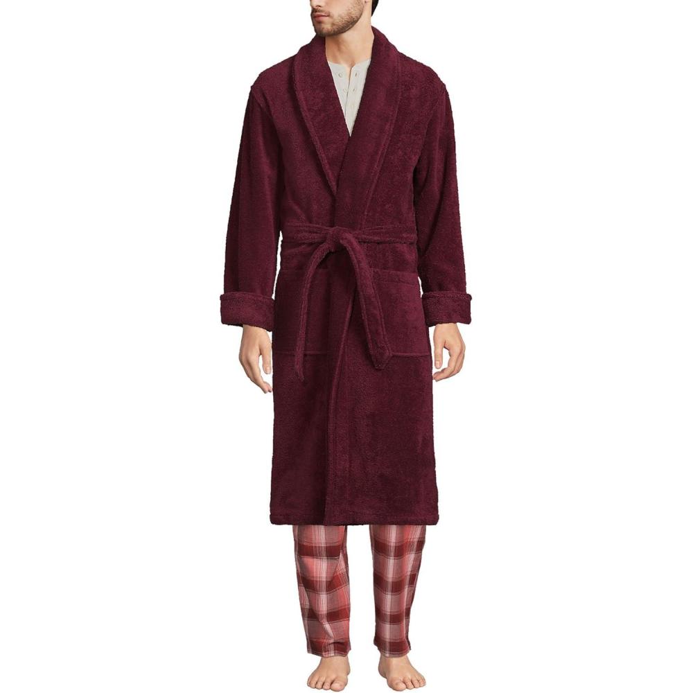 imageLands End Mens FullLength Turkish Cotton Terry Bathrobe  55quot Length  Plush Absorbent 2 Pockets Spa ComfortRich Burgundy