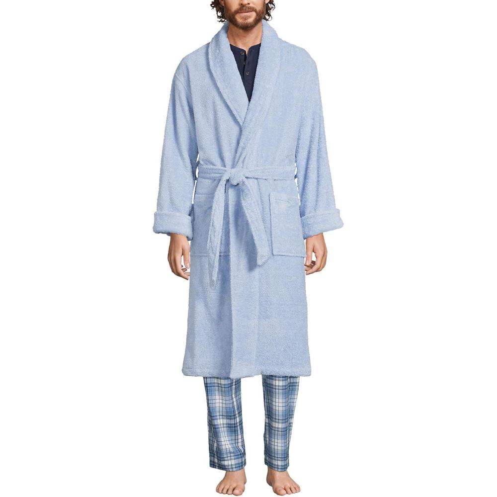 imageLands End Mens FullLength Turkish Cotton Terry Bathrobe 55quot Length Plush Absorbent 2 Pockets Spa ComfortSoft Blue Haze
