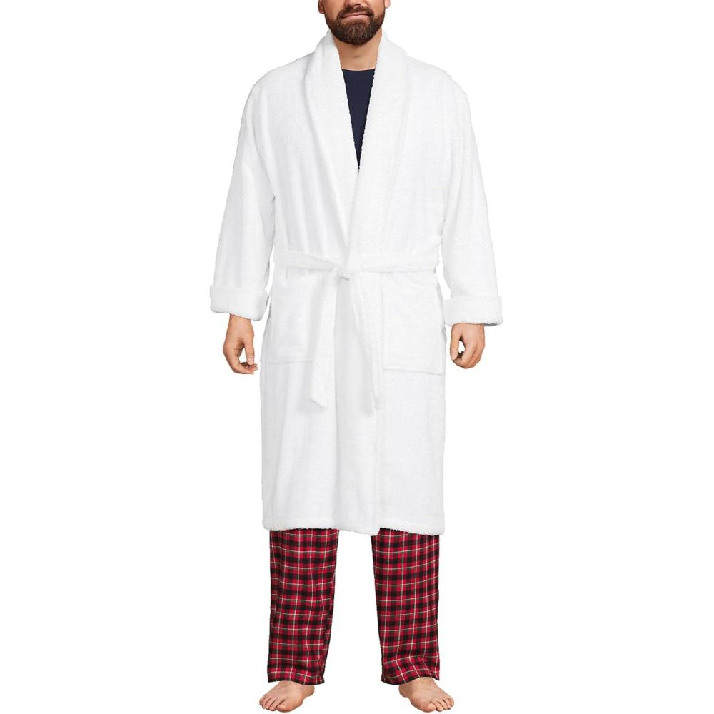 imageLands End Mens FullLength Turkish Cotton Terry Bathrobe  55quot Length  Plush Absorbent 2 Pockets Spa ComfortWhite