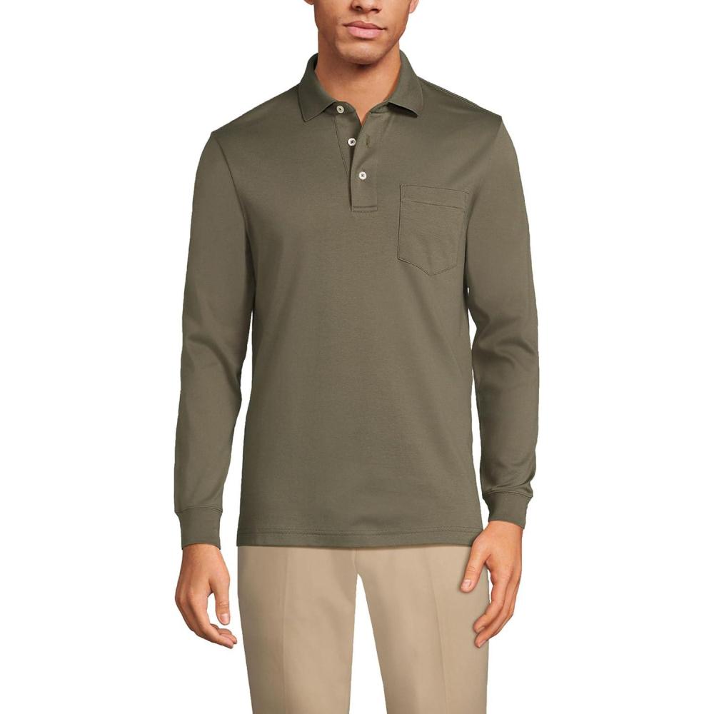 imageLands End Mens Long Sleeve AmericanGrown Supima Cotton Polo Shirt with PocketForest Moss