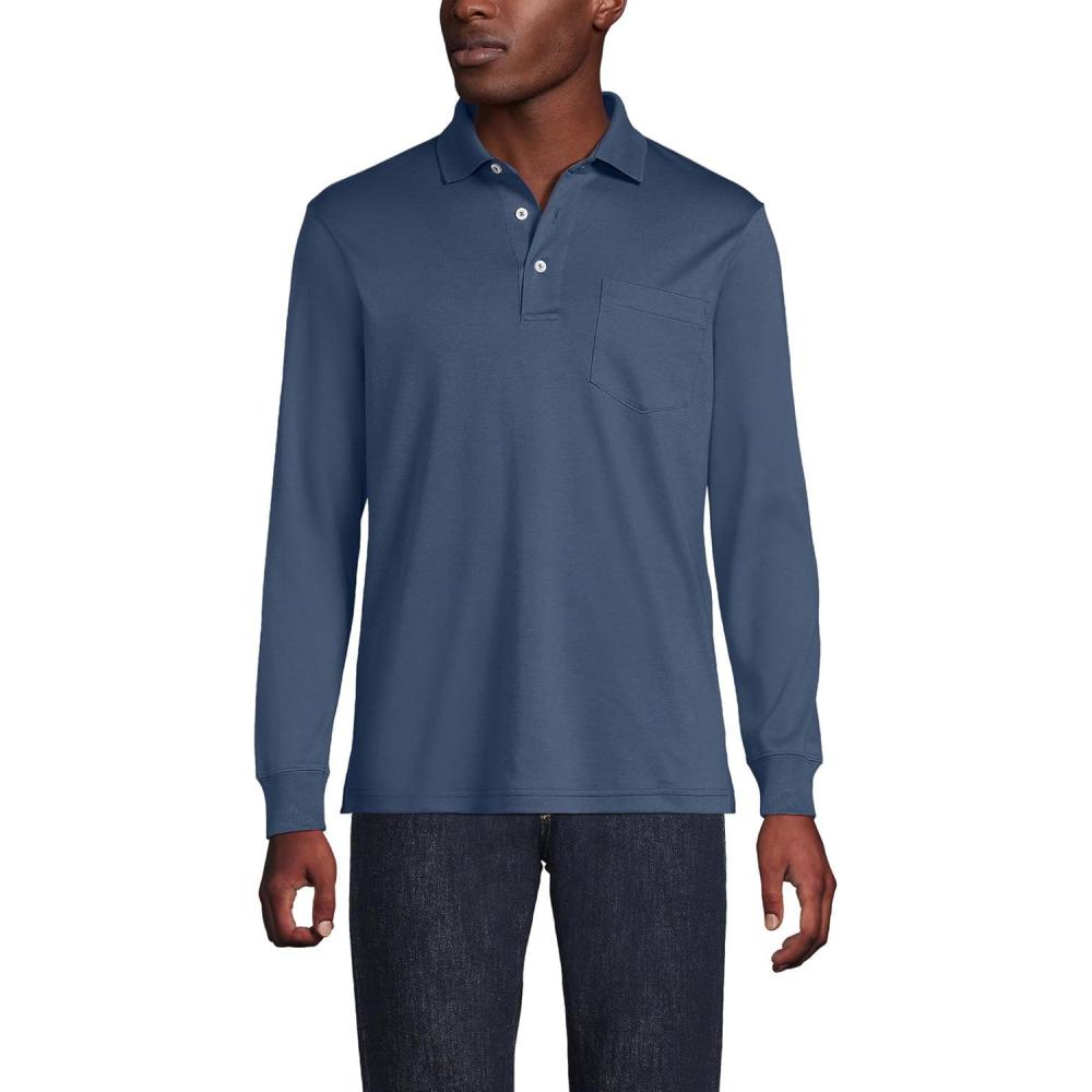 imageLands End Mens Long Sleeve AmericanGrown Supima Cotton Polo Shirt with PocketNightfall Blue