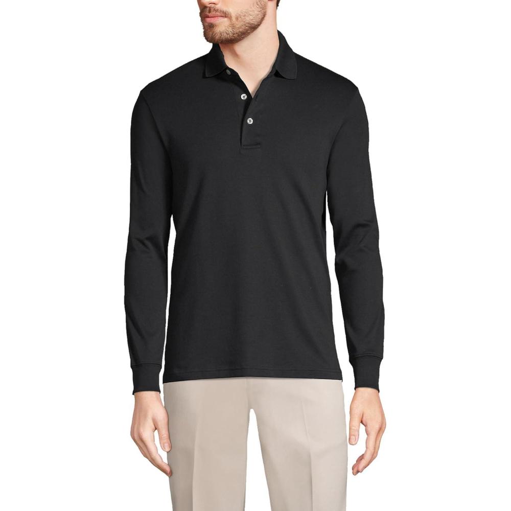 imageLands End Mens Long Sleeve AmericanGrown Supima Cotton Polo ShirtBlack