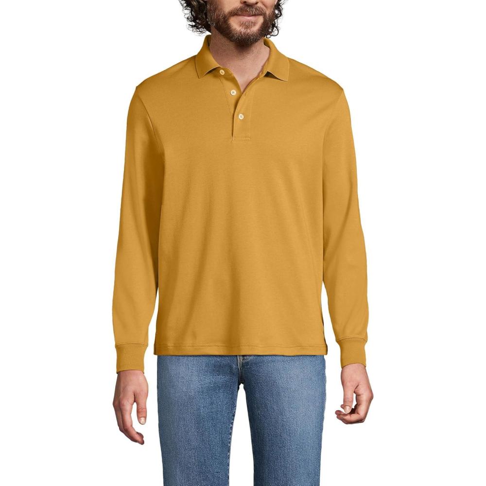 imageLands End Mens Long Sleeve AmericanGrown Supima Cotton Polo ShirtDijon Gold