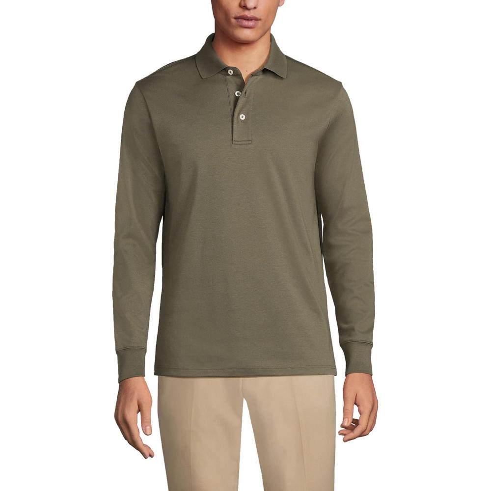 imageLands End Mens Long Sleeve AmericanGrown Supima Cotton Polo ShirtForest Moss