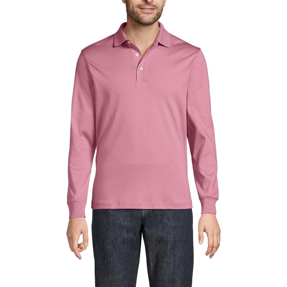 imageLands End Mens Long Sleeve AmericanGrown Supima Cotton Polo ShirtSoft English Rose