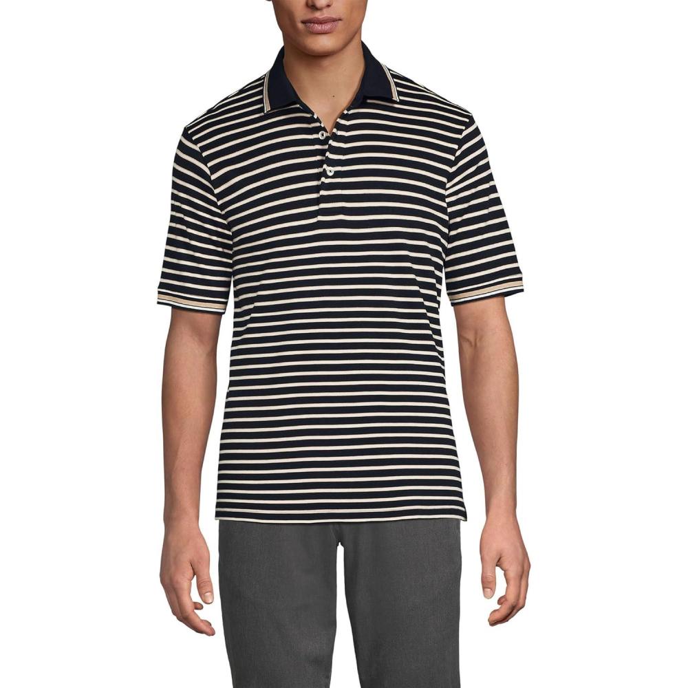 imageLands End Mens Short Sleeve AmericanGrown Supima Cotton Polo ShirtBlackWarm Almond Stripe