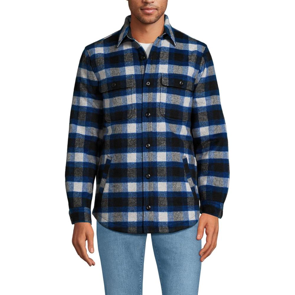 imageLands End Mens Super Brushed Shirt JacketAged Steel HeatherBlue Plaid