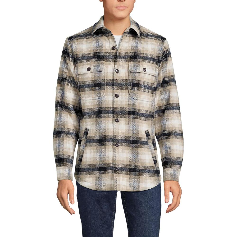 imageLands End Mens Super Brushed Shirt JacketBlackKhaki Plaid