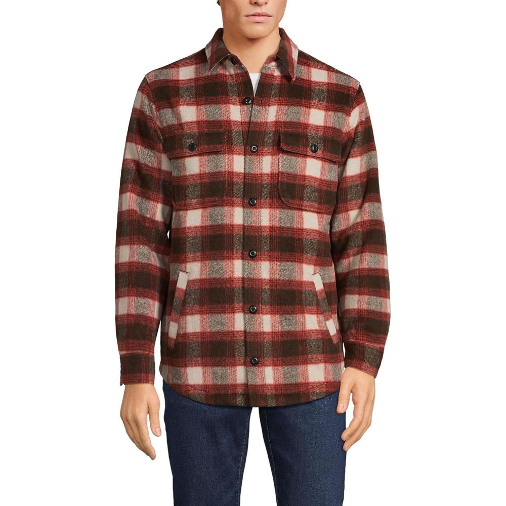 imageLands End Mens Super Brushed Shirt JacketRich CoffeeDark Orange Plaid