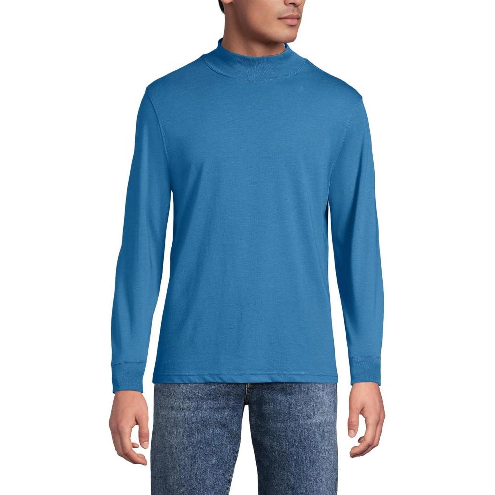 imageLands End Mens SuperT CottonBlend Mock Turtleneck ShirtBlue Hyacinth
