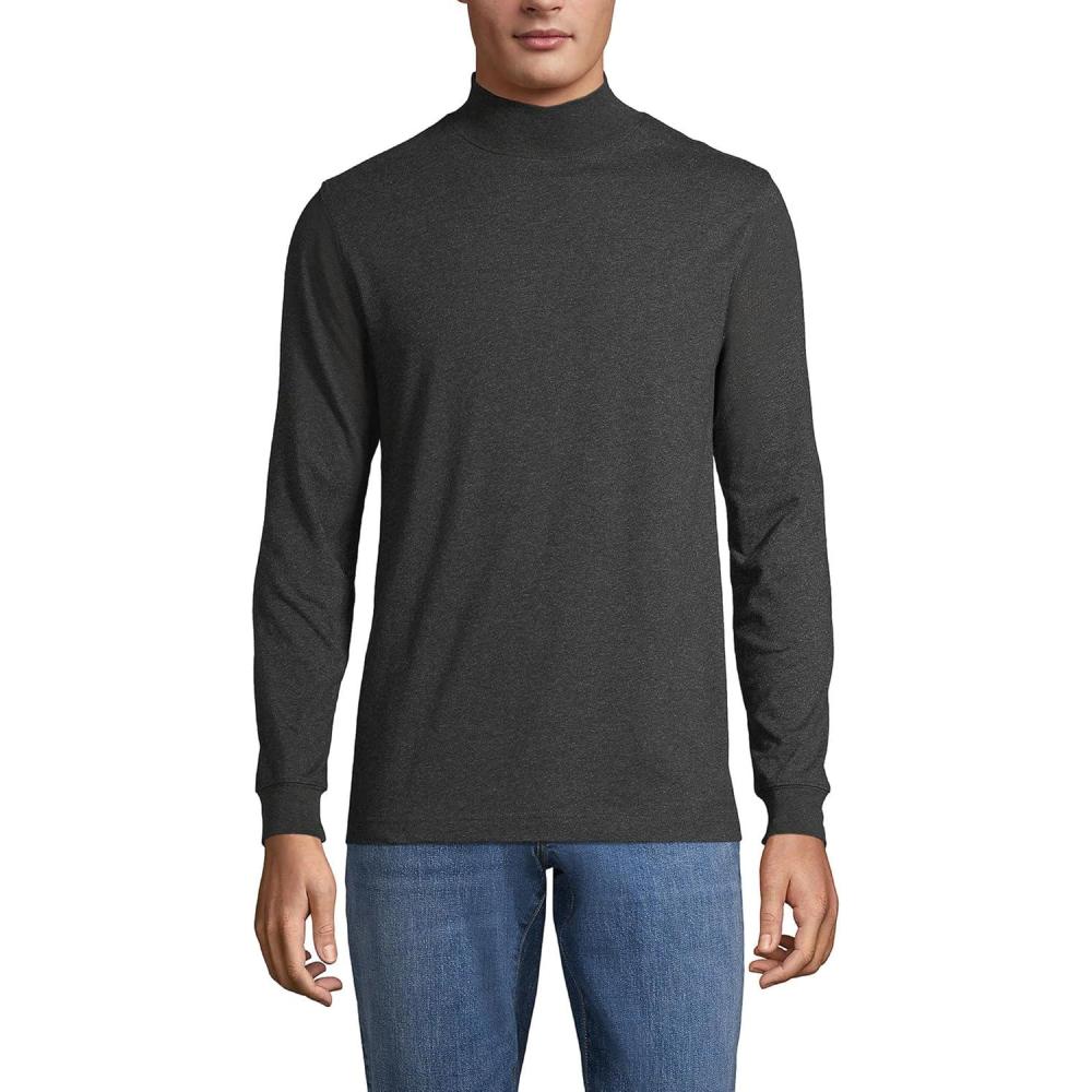 imageLands End Mens SuperT CottonBlend Mock Turtleneck ShirtDark Charcoal Heather