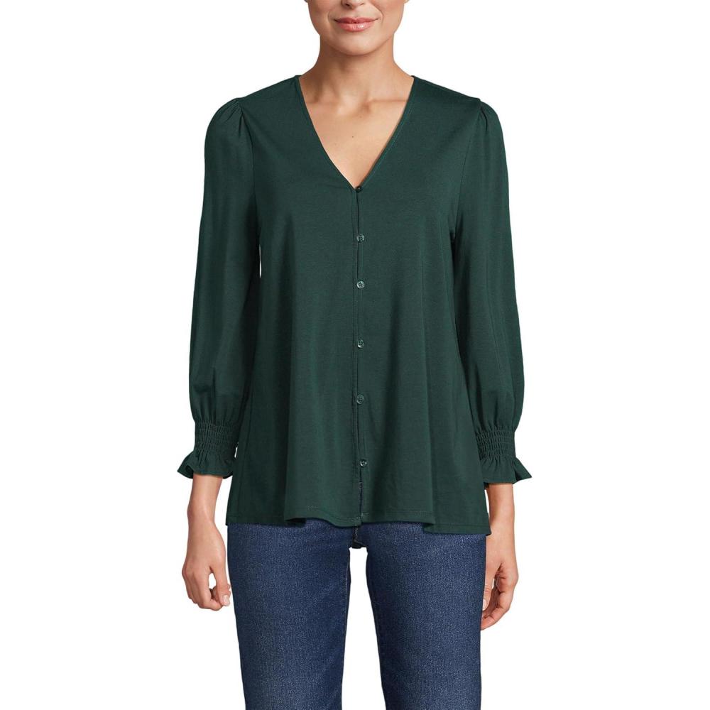 imageLands End Womens 34 Sleeve Lightweight Jersey Button Front TopDeep Forest