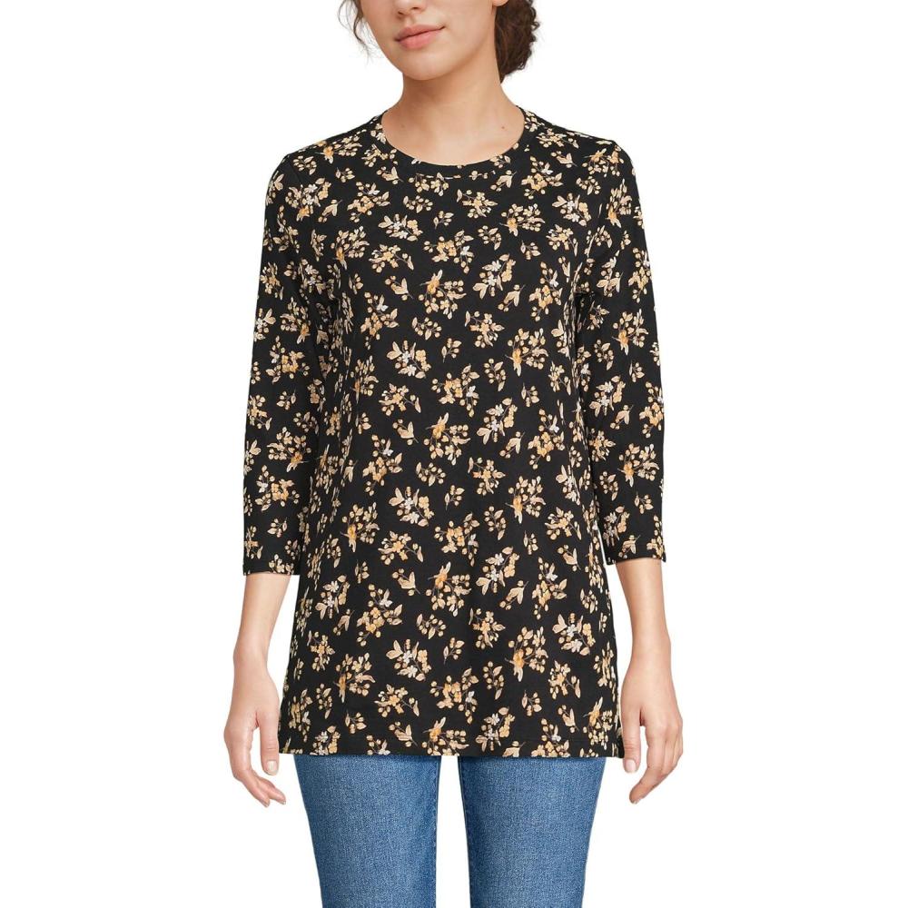 imageLands End Womens 34 Sleeve Supima Cotton Crewneck TunicBlack Meadow Floral