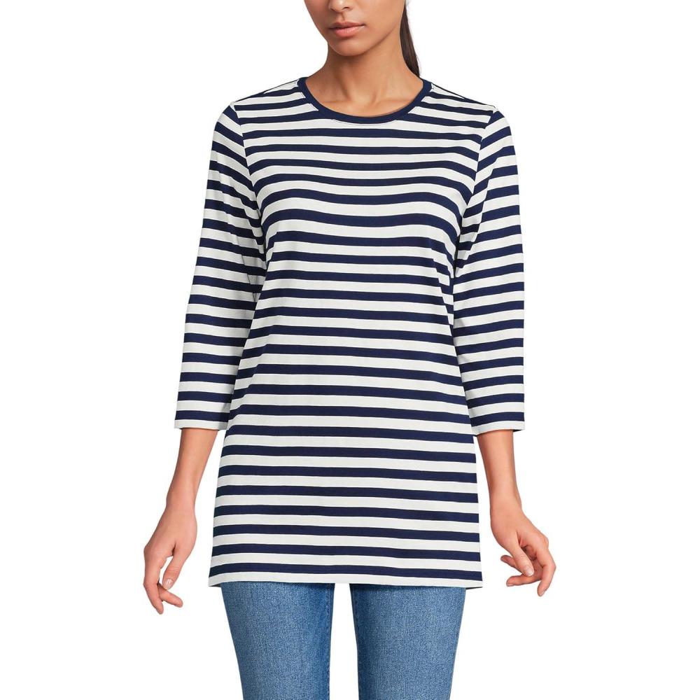imageLands End Womens 34 Sleeve Supima Cotton Crewneck TunicDeep Sea Navy Even Stripe