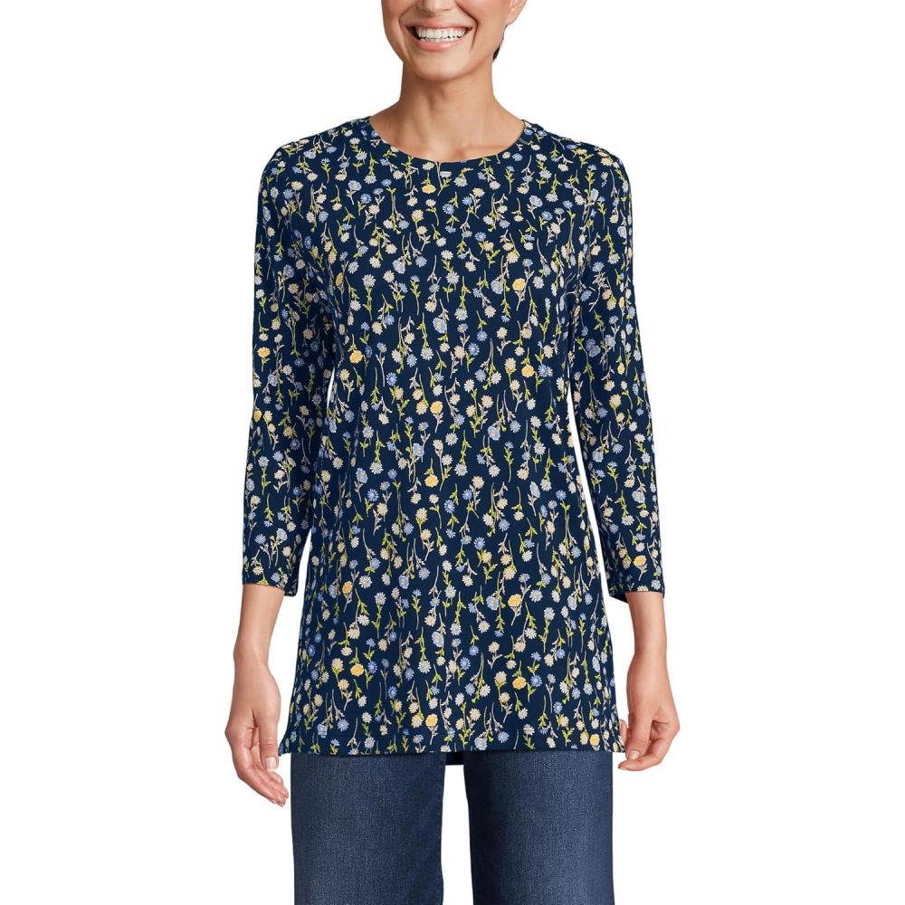 imageLands End Womens 34 Sleeve Supima Cotton Crewneck TunicDeep Sea Navy Multi Daisy