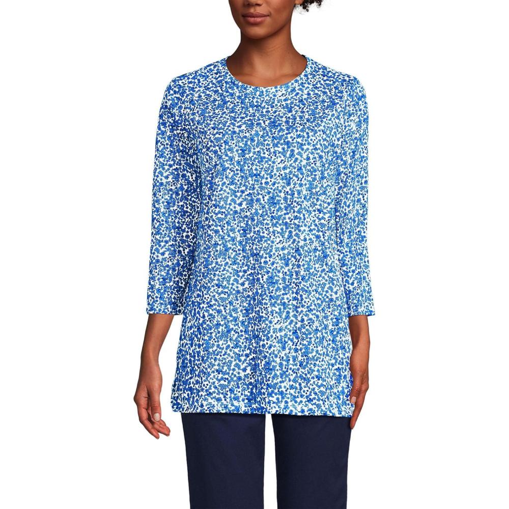 imageLands End Womens 34 Sleeve Supima Cotton Crewneck TunicIvoryVista Blue Flowers