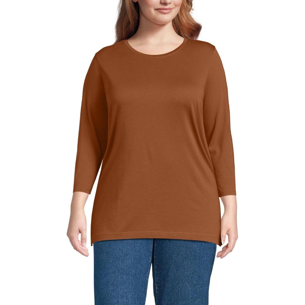 imageLands End Womens 34 Sleeve Supima Cotton Crewneck TunicRich Ginger Brown